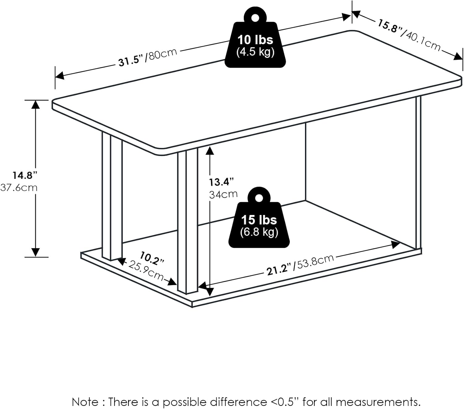 Furinno Basic Coffee Table, 2-Tier Modern Coffee Table with Open Shelf, Easy Assembly Side Table, for Living Room, Bedroom, Home Office, Amber Oak