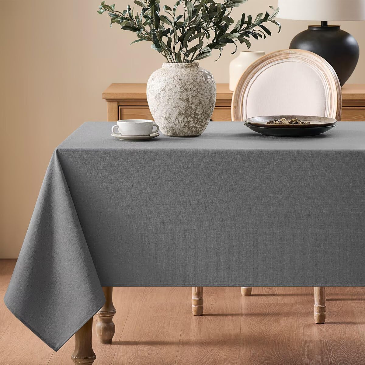 Faux Linen Tablecloths for Rectangle Tables, Burlap Textured Table Cloths Washable Farmhouse Table Cover Water Resistant for Dining, Wedding, Outdoor(Khaki, 52"×70")
