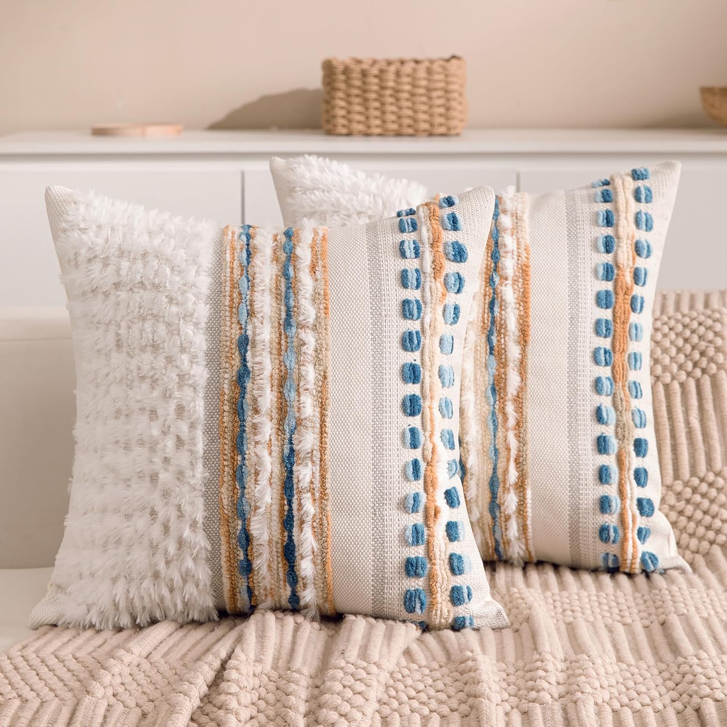 Boho Chenille Tufted Couch Throw Pillow Covers 18x18 Inch Set of 2 Farmhouse Striped Decorative Pillow Covers Accent Neutral Square Pillowcase Green Cushion Covers for Livingroom Sofa Bed