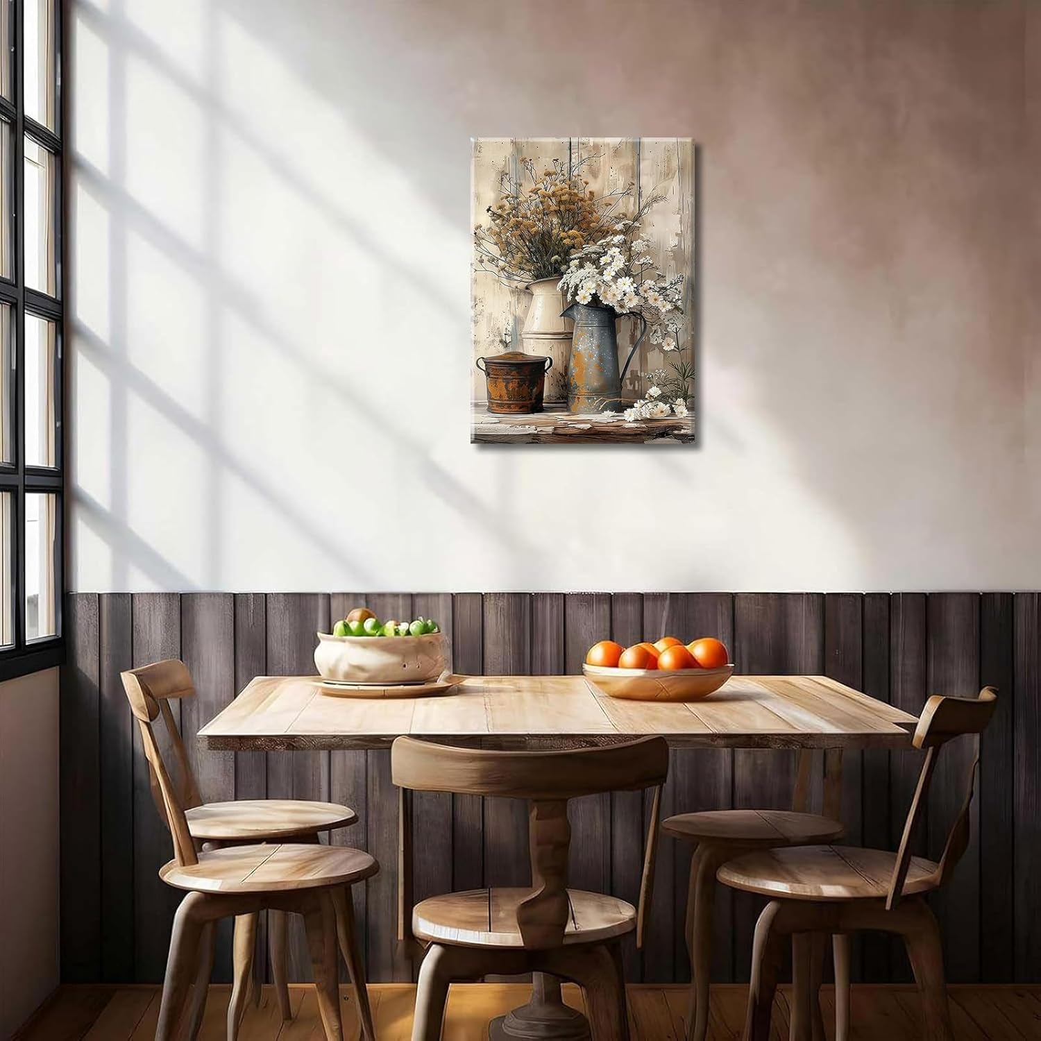 Farmhouse Rustic Daisy Canvas Wall Art Vintage Country Floral Posters Print White Jasmine Flowers and Rust Color Watering Can Wall Decor Picture for Living Room Bedroom Bathroom Decoration