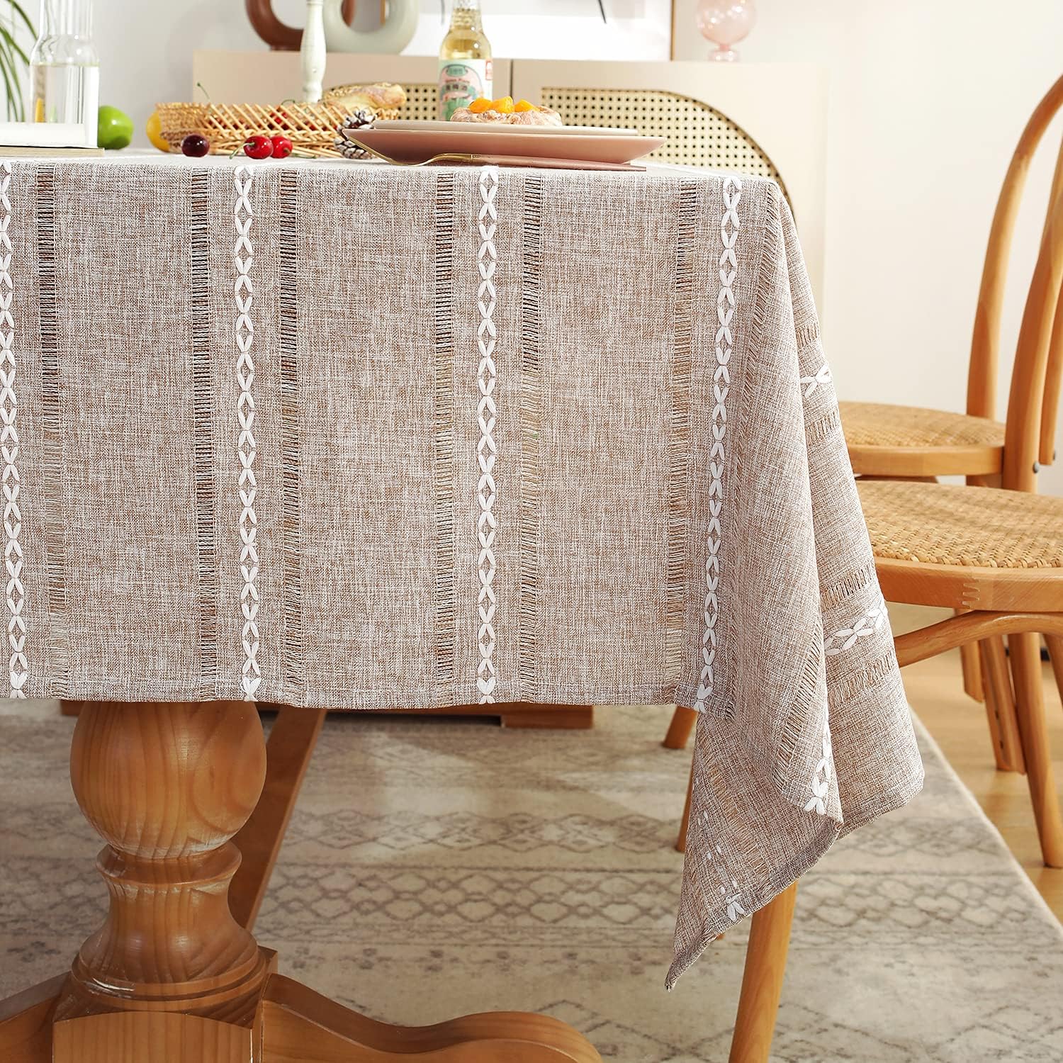 60 x 84 inches Farmhouse Style Linen tablecloths, Wrinkle Resistant Washable Dining Room Table Cloths for Rectangle Tables - Hemstitch Light Coffee