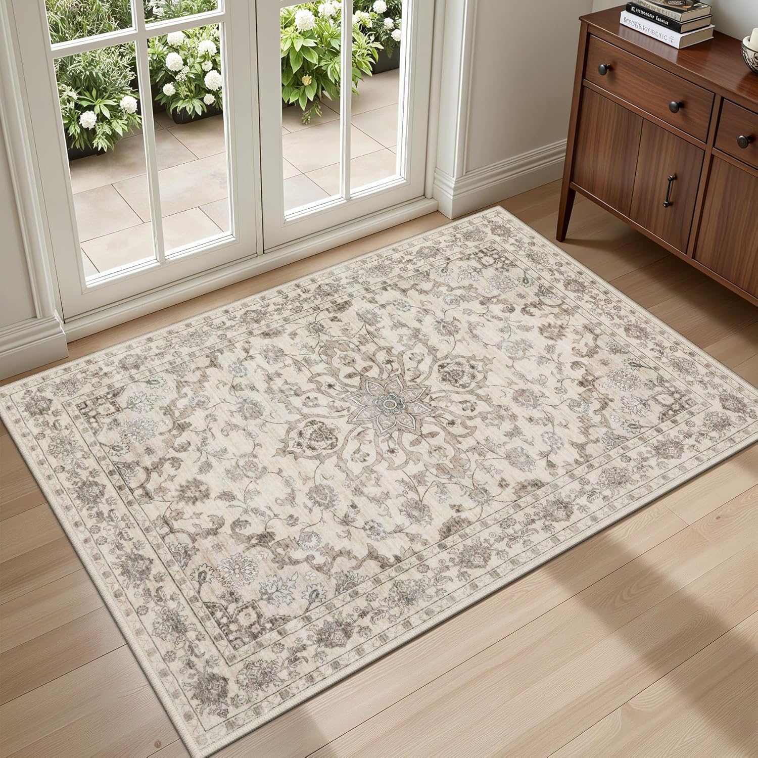 5x7 Area Rugs Living Room Rug: Washable Vintage Boho Rug No Slip Stain Resistant Soft Carpet Indoor Floor Floral Large Carpets for Bedroom Dining Room Farmhouse Nursery Hallway Home Office Beige