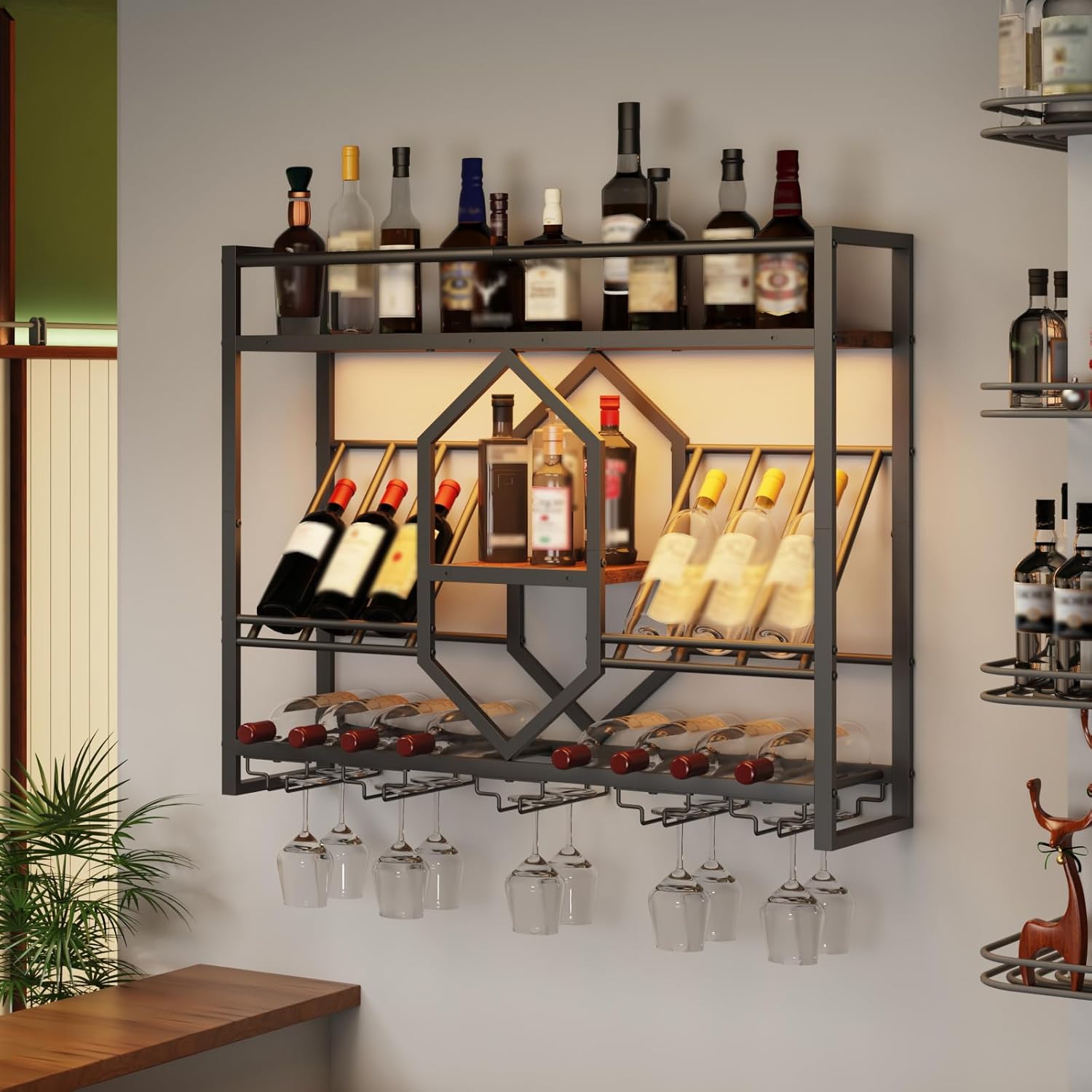HOOBRO Wall Mounted Wine Rack with LED Light, 31.5" Wine Shelf, 3 Tier Wine Bottle Display Shelf with Glass Holder, Hanging Bar Liquor Storage Rack, for Kitchen, Bar, Rustic Brown and Black BF73DBJ01