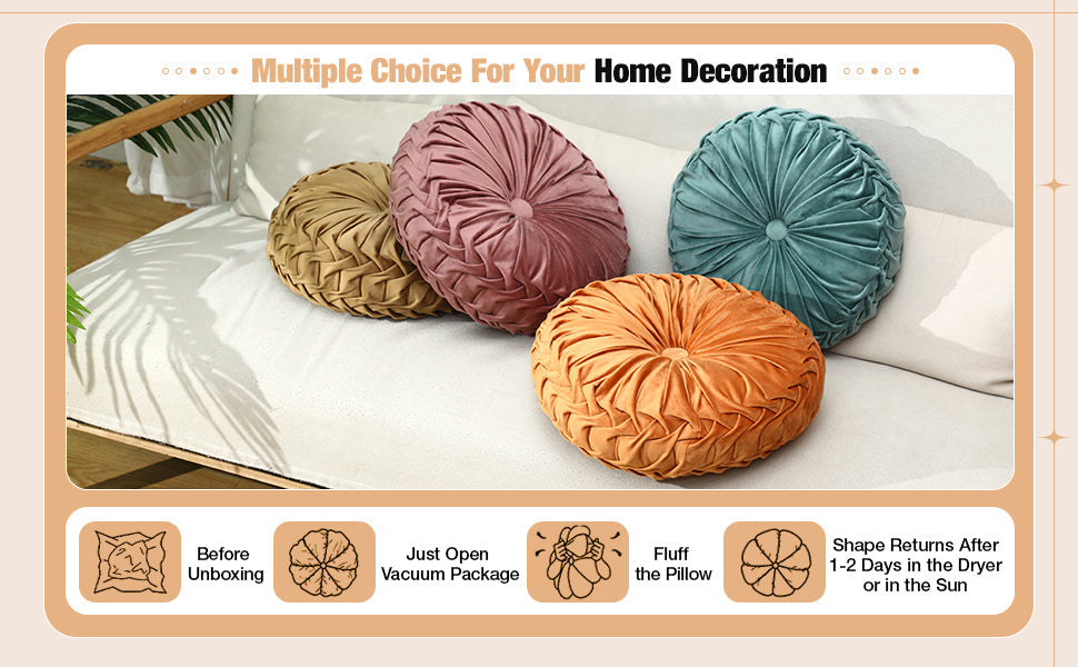 Kathfly Set of 4 Decorative Round Pleated Throw Pillows, Classy Velvet Pumpkin Round Throw Pillows, Decorative Floor Pillow for Bed Chair Home Sofa Decor, 14" Diameter(Colorful)