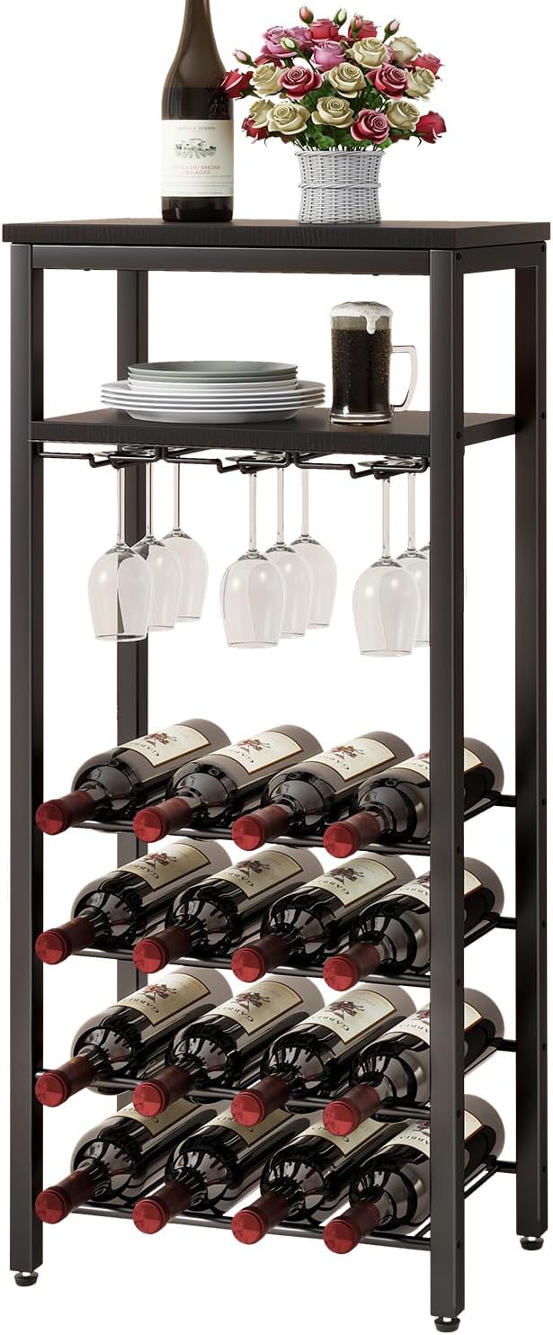 IBUYKE Wine Rack Freestanding Floor, Bar Cabinet for Liquor and Glasses,4-Tier Wood Coffee Bar Cabinet,Glass Holder and Storage Drawer for Home Bar Kitchen Living Room,Rustic Brown UTMJ905H