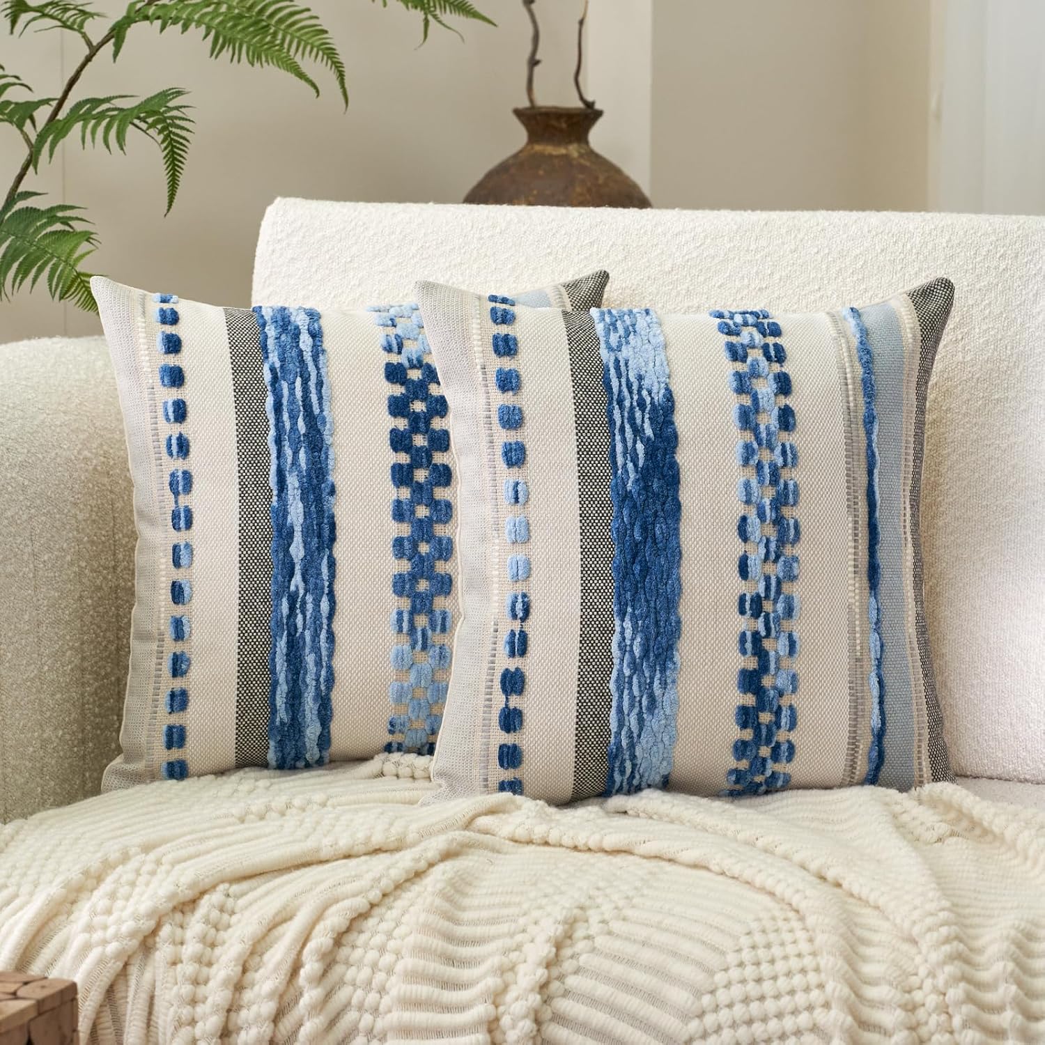 Aeckself Boho Throw Pillow Covers 18x18 Inch Set of 2, Farmhouse Decorative Striped Square Pillow Covers Chenille Tufted Pillow Cases Accent Neutral Pillowcase for Living Room Couch Bed, Orange White