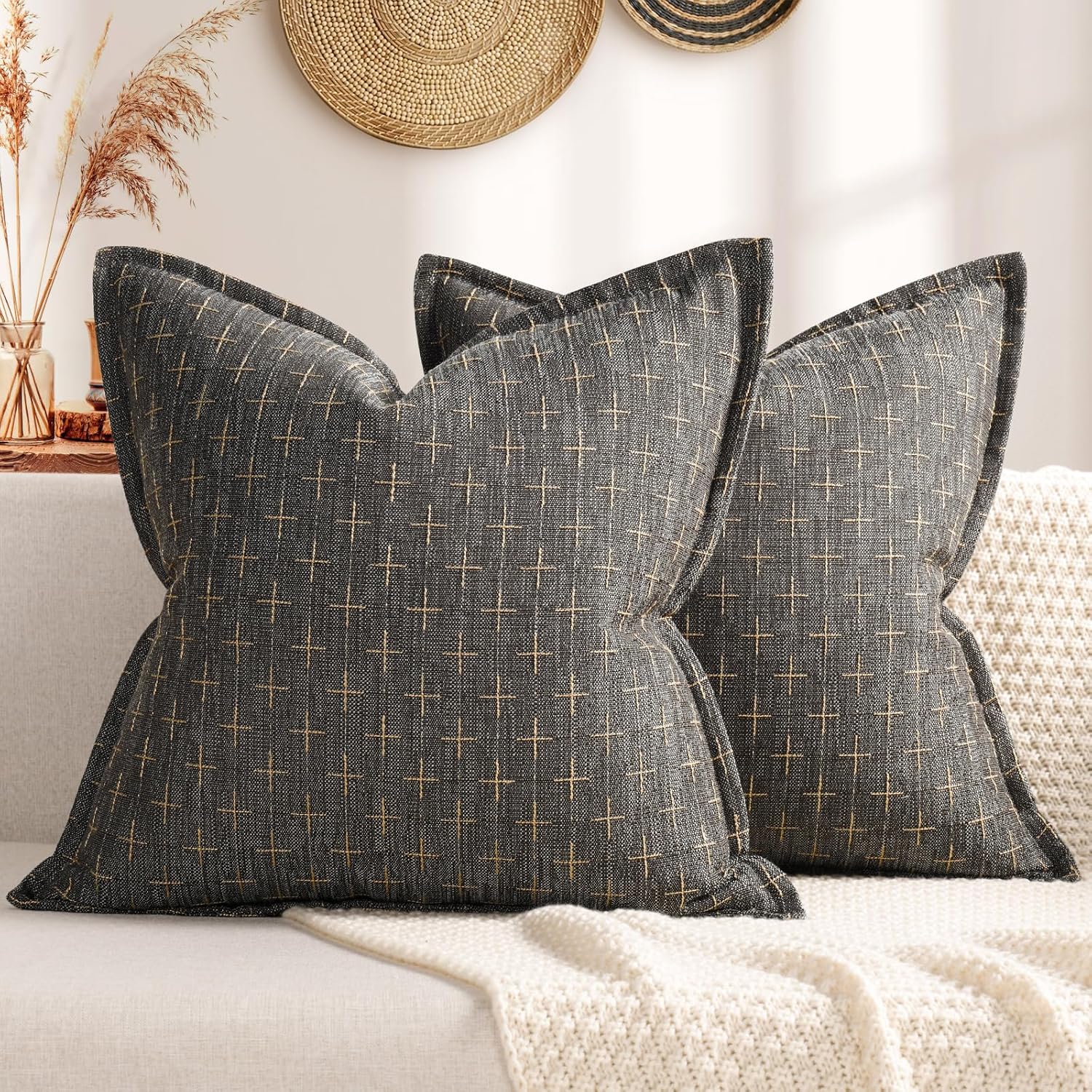 ZWJD Pillow Covers 18x18 Set of 2 Soft Polyester Textured Pillow Covers with Stylish Flange Edge Cozy Farmhouse Throw Pillows for Couch Bed Sofa Living Room